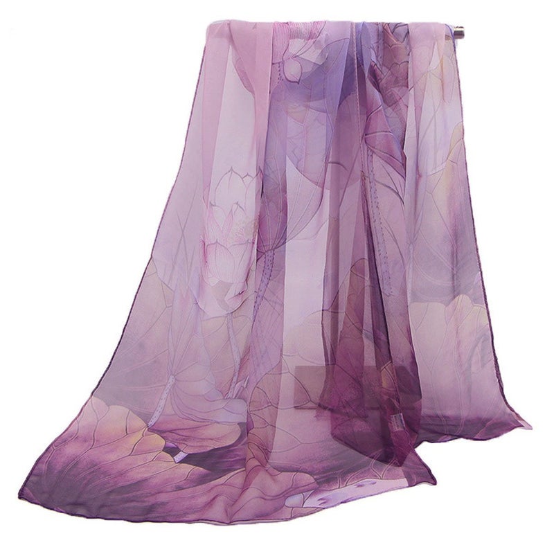 Lobagve Van Caro Sheer Chiffon Scarf Beach Shawl Elegant Lotus Sunscreen Scarf for Women (Purple) - Image 2